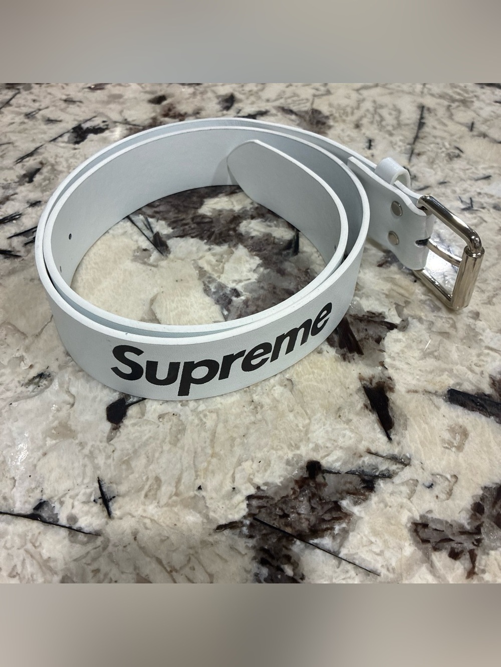 Supreme White Belt with Black Logo and Silver Buckle